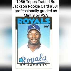 1986 Topps Traded Bo Jackson Rookie Card #50T, professionally graded as Mint 9